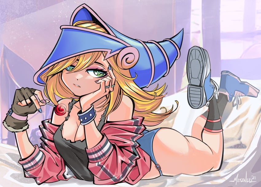 blonde_female blonde_hair blonde_hair_female chris_metzner dark_magician_girl green_eyes hand_on_cheek hand_on_face hand_on_head headgear headwear helmet helmet_girl kicking_legs legs legs_up lollipop lying lying_down lying_on_bed lying_on_breasts lying_on_stomach tagme yu-gi-oh!