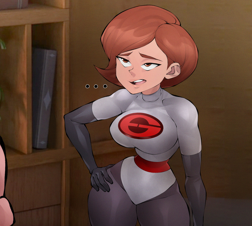 ... 1girls 2022 alternate_costume big_breasts bodysuit brown_eyes brown_hair elastigirl elastigirl_(the_incredibles_2_supersuit) flytrapxx hand_on_hip helen_parr large_breasts looking_at_another short_hair tagme the_incredibles the_incredibles_2 wide_hips