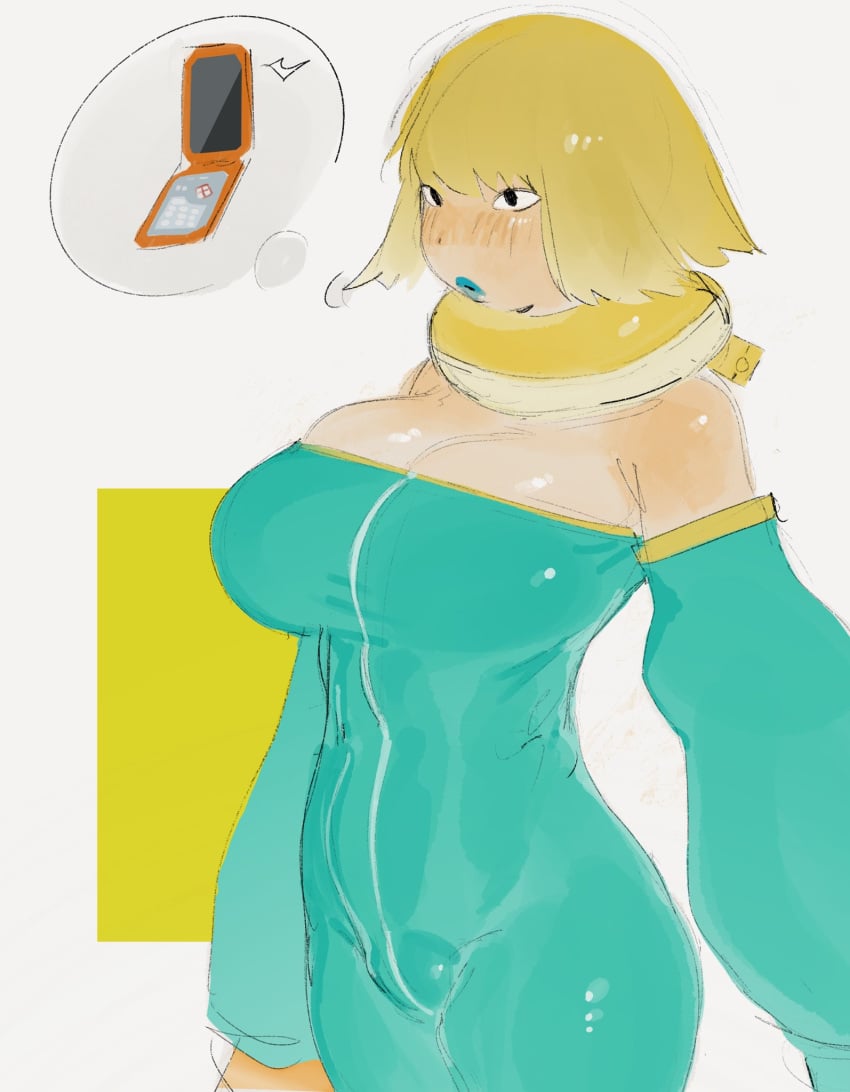 bel_(brc) big_breasts blonde_hair blush bomb_rush_cyberfunk breasts clothing electronics fat_mons female flip_phone human khentaiu large_breasts lipstick mkbox pale_skin phone pussy_bulge