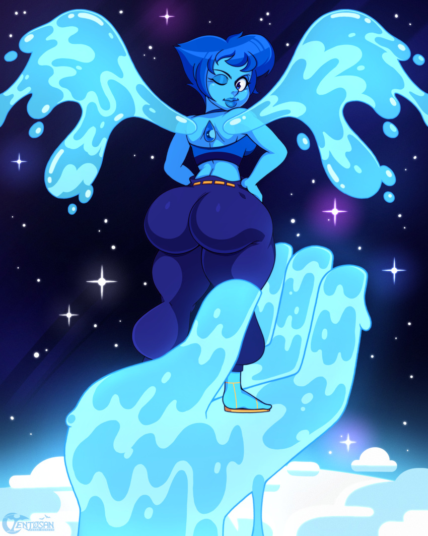 absurd_res alien alien_humanoid ass big_butt blue_body blue_hair cartoon_network clothing female gem_(species) hair hands_on_hips hi_res humanoid lapis_lazuli_(steven_universe) lips pose solo space steven_universe tenjosan thick_lips tight_clothing water