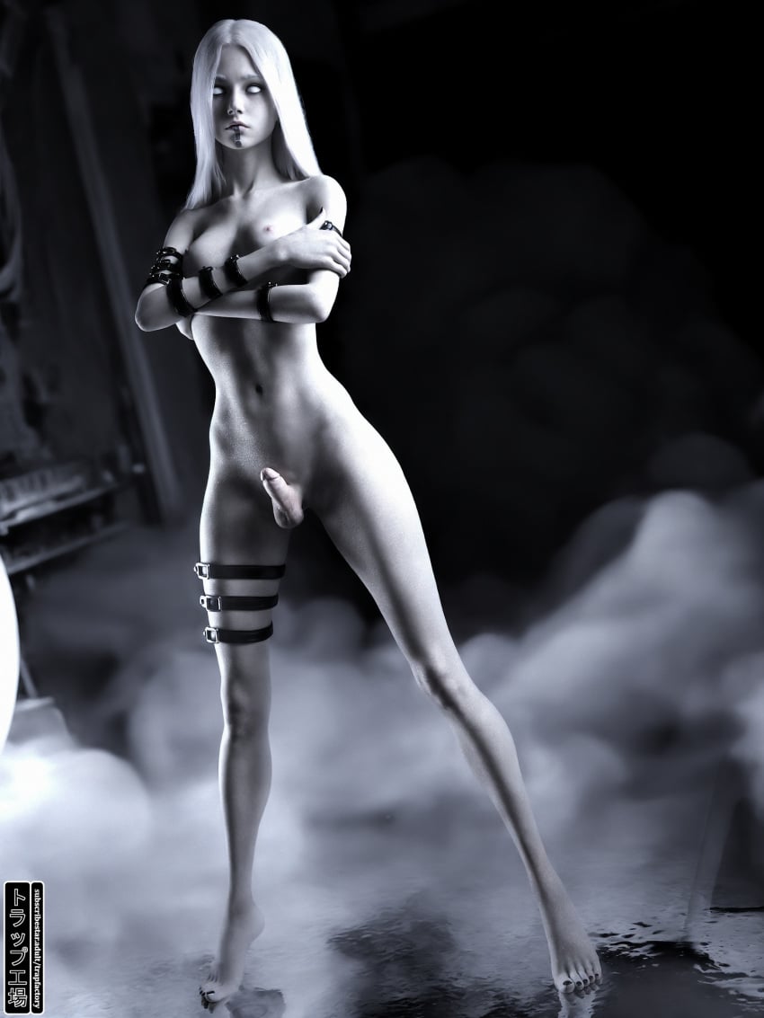 1futa 3d arms_crossed black_nails erection face_tattoo feet fit full_body futanari legs_apart long_hair naked pale_skin serious small_penis solo sparkling straps toes torappukojo white_eyes white_hair