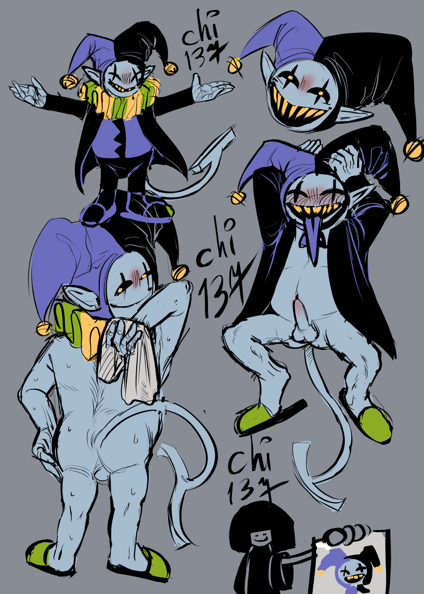 ass big_head chi_137 chubby chubby_anthro chubby_belly chubby_male clown deltarune dick jester jevil_(deltarune) male male_only sharp_teeth small_body tail