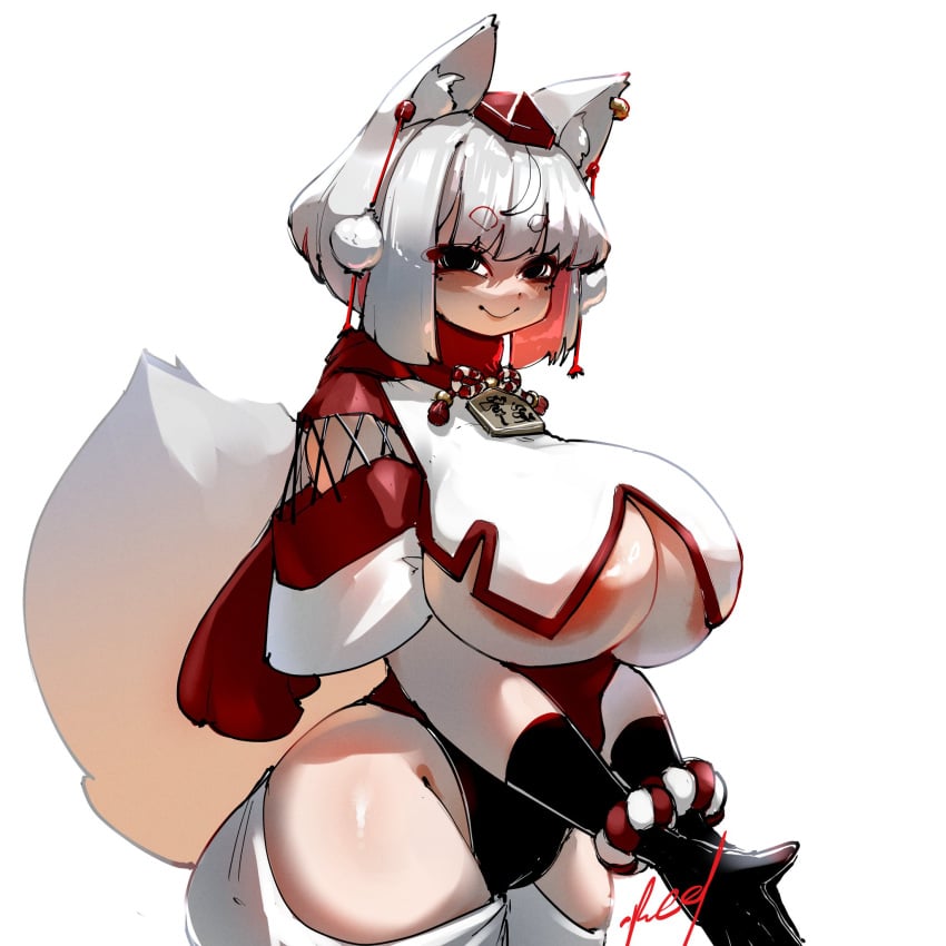 1girls areolae_slip big_breasts crr001 gloves light-skinned_female long_gloves momiji_inubashiri revealing_clothes solo solo_female tail thick_thighs thighs touhou underboob white_background white_hair wolf_ears wolf_girl wolf_tail