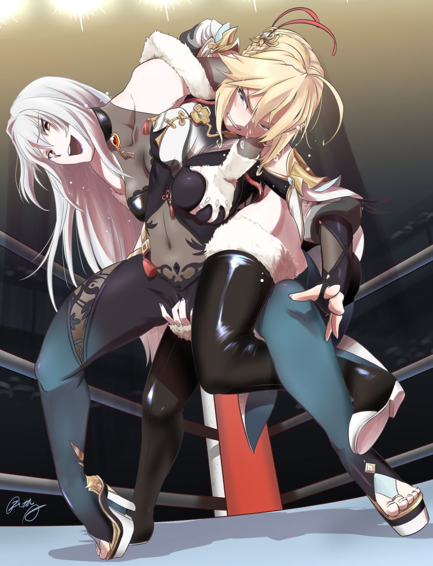 2girls abdominal_stretch absurdres artoria_pendragon_(fate) blonde_hair blush boots breasts catfight fate_(series) fingering fingering_through_clothes freia_kagami green_eyes groping_breasts hanabusa_(xztr3448) highres multiple_girls saber smile thigh_boots wrestle_angels wrestling wrestling_ring