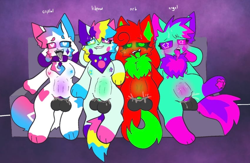 4girls ahegao angel_(kittydogcrystal) anthro blush blushing crystal_(kittydogcrystal) dildo female female_only furry furry_only hybrid kdpaw_(kittydogcrystal) kittydog_(species) kittydogcrystal multicolored_fur nude orb_(kittydogcrystal) pussy pussy_juice red_fur stomach_bulge tail tongue_out vaginal vaginal_insertion vaginal_penetration white_fur