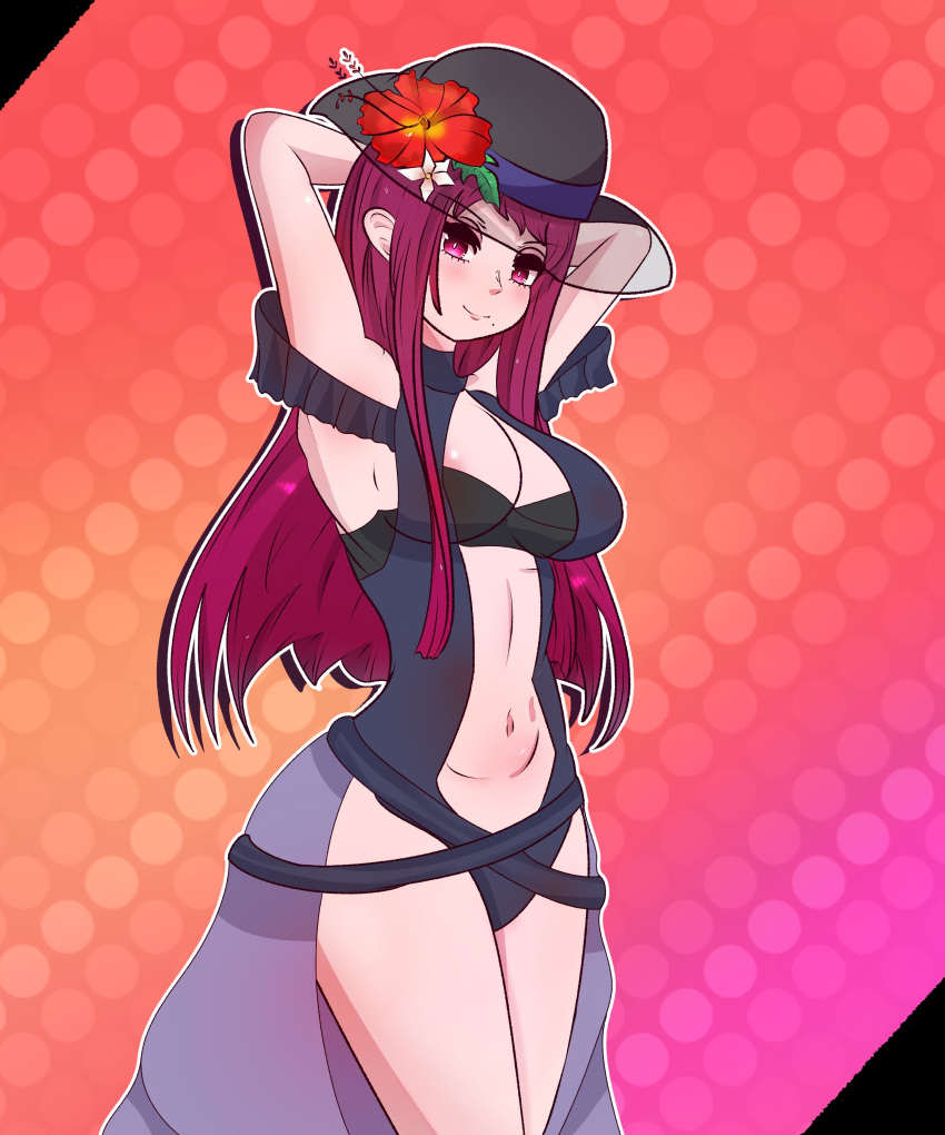 1girls alternate_costume areolae areolae_slip armpits arms_behind_head bangs bare_midriff bare_thighs beauty_mark blue_one-piece_swimsuit blue_swimsuit breasts female female_only fire_emblem fire_emblem_engage fire_emblem_heroes hat hat_flower ivy_(fire_emblem) ivy_(summer)_(fire_emblem) long_hair looking_at_viewer medium_breasts meinou midriff mole mole_under_mouth nintendo official_alternate_costume one-piece_swimsuit pink_eyes pink_hair purple_hair red_background smile solo sun_hat swimsuit thighs very_long_hair x-ray