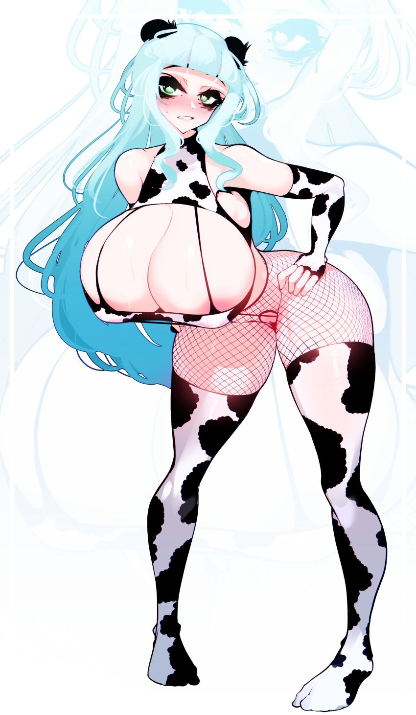 1girls ass_visible_through_thighs big_breasts blue_hair breasts breasts_bigger_than_head character_request cleavage comission cow_lingerie cow_print female female_only fishnets green_eyes hand_on_hip huge_breasts lingerie looking_at_viewer nipple_bulge nipples_visible_through_clothing pussy revealing_clothes sachiko shaved_pussy solo standing stockings thick_thighs thighhighs thighs