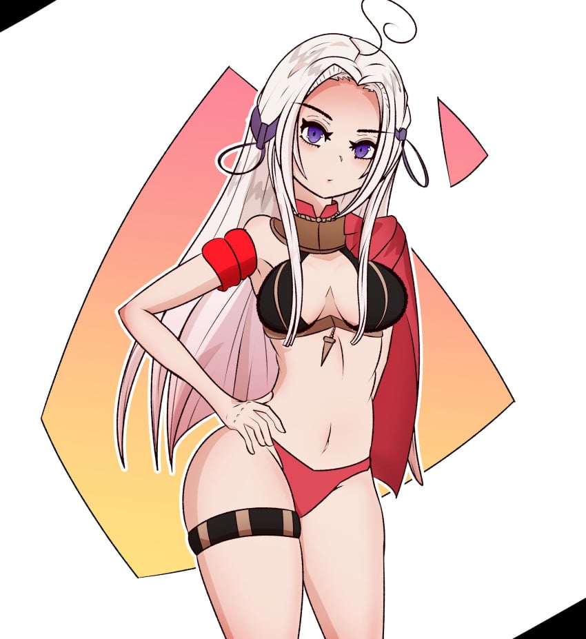 1girls bikini black_bikini black_swimsuit breasts capelet edelgard_von_hresvelg female female_only fire_emblem fire_emblem:_three_houses hand_on_own_hip long_hair medium_breasts meinou nintendo purple_eyes red_bikini red_swimsuit solo swimsuit very_long_hair white_hair