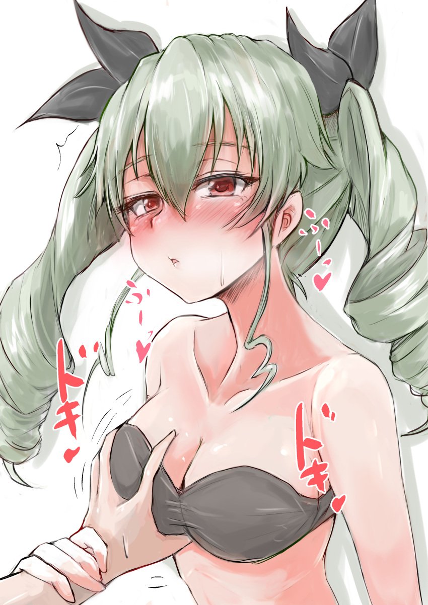 1boy anchovy bikini_top blush breast_grab cleavage female girls_und_panzer green_hair large_breasts misoperopero twintails