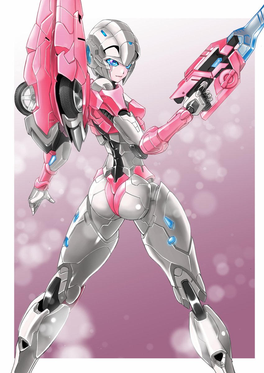 1girls arcee arcee_(flame_toys) arcee_(g1) armor armored_female ass blue_eyes breasts cybertronian dat_ass female female_only flametoys gun handgun hi_res highres juuta-rou looking_at_viewer looking_back panties pink_panties robot robot_girl robot_humanoid round_ass small_breasts solo solo_female tagme thick_thighs thighs tight_panties transformers