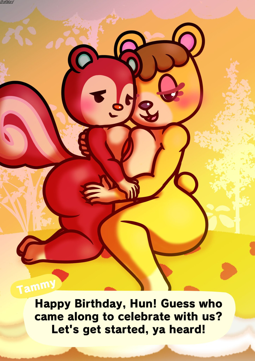 2girls animal_crossing anthro ass breasts brokenrekordbro completely_nude completely_nude_female female female_focus female_only full_body furry happy_birthday looking_at_viewer naked naked_female nintendo nude nude_female open_mouth open_smile poppy_(animal_crossing) smile tammy_(animal_crossing) thick_thighs thighs