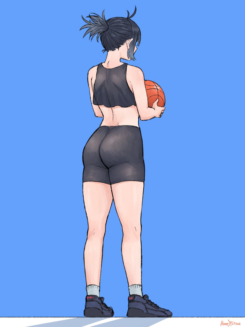 1girls ass ass_focus behind_view black_clover black_hair clothed clothed_female crop_top female light-skinned_female light_skin ponytail secre_swallowtail short_hair skwd small_breasts sports_shorts sportswear thick_thighs toned toned_female