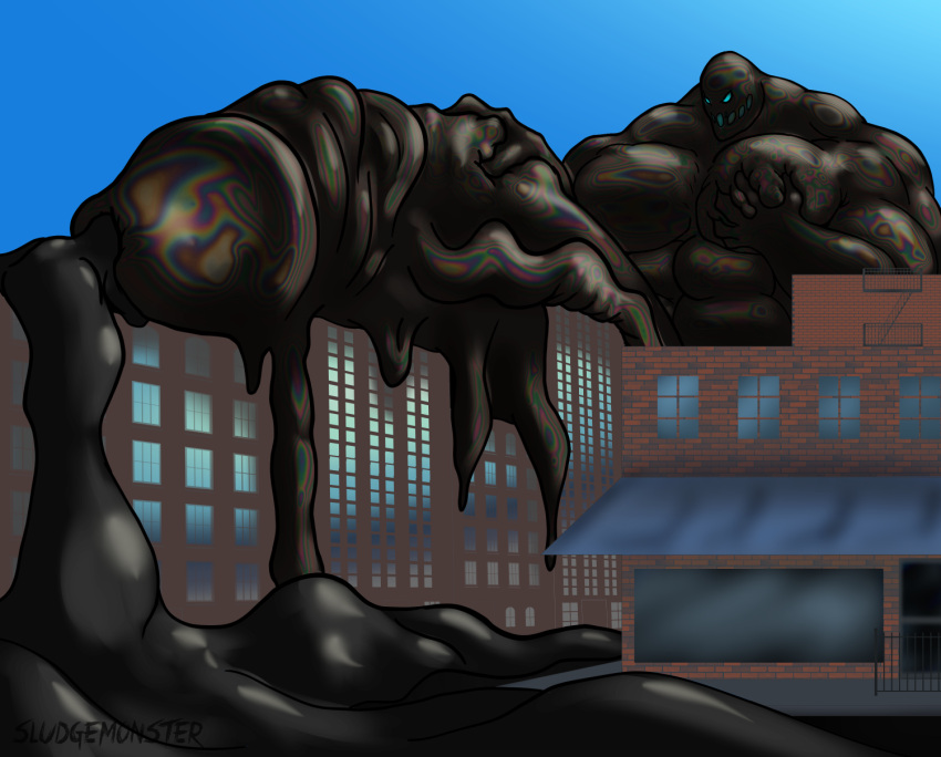 absorption_vore big_penis bodily_fluids building destruction destruction_of_property genital_fluids genitals glans hi_res huge_cock humanoid hyper hyper_genitalia hyper_penis macro male monster muscular oil pec_grab penis slime sludge sludge_monster solo tar_creature vore