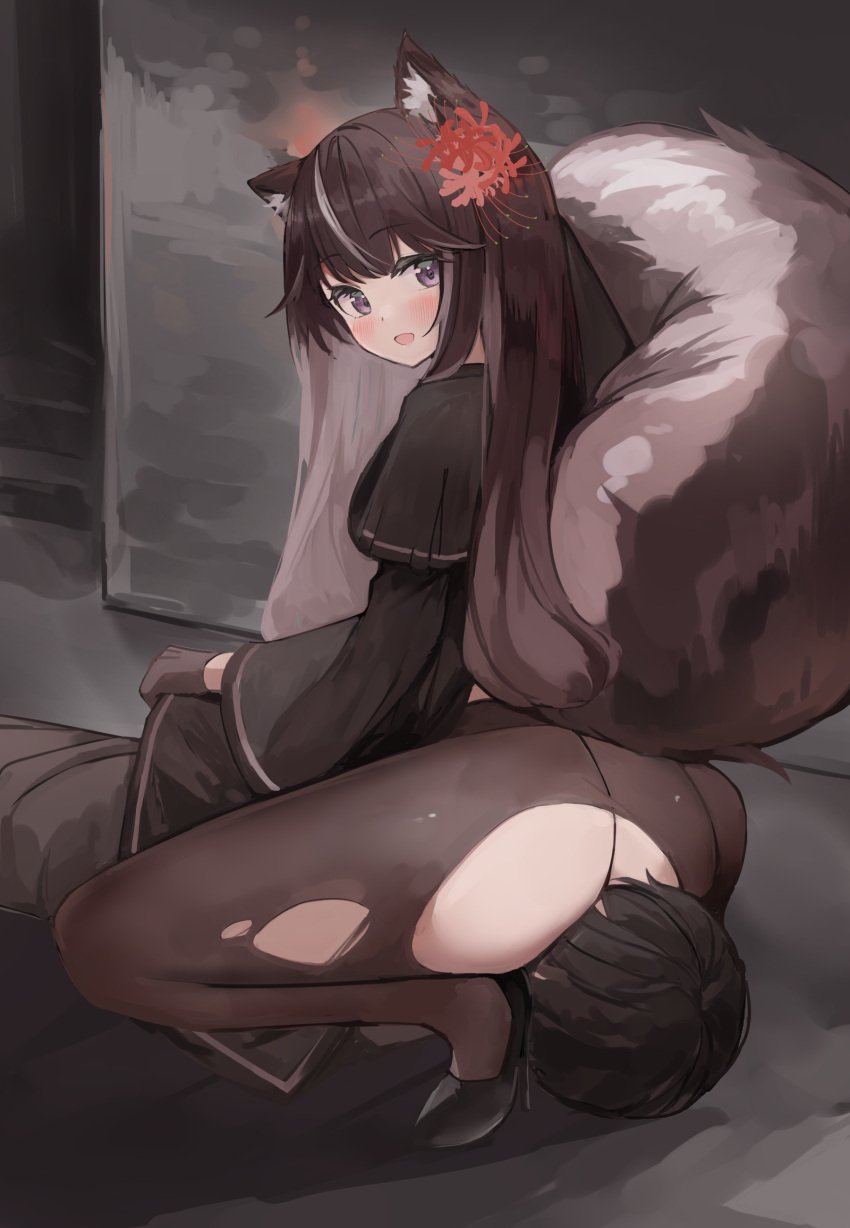 animal_ears animal_humanoid black_hair blush clothed clothes facesitting fringe fringe_hair hair hair_ornament lying_on_bed pantyhose purple_eyes ripped_clothing ripped_pantyhose skunk skunk_ears skunk_girl skunk_tail smile smiling tagme tights tsuchiro