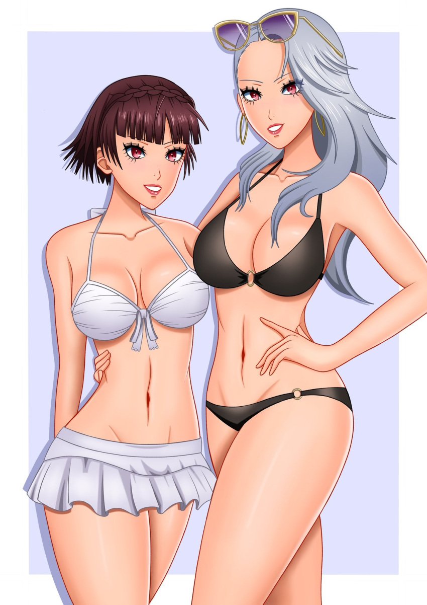 2girls atlus big_breasts bikini breasts brown_hair female female_only hourglass_figure large_breasts long_hair makoto_niijima megami_tensei multiple_girls persona persona_5 red_eyes rrl0215 sae_niijima short_hair silver_hair sisters sunglasses sunglasses_on_head swimsuit thick_thighs