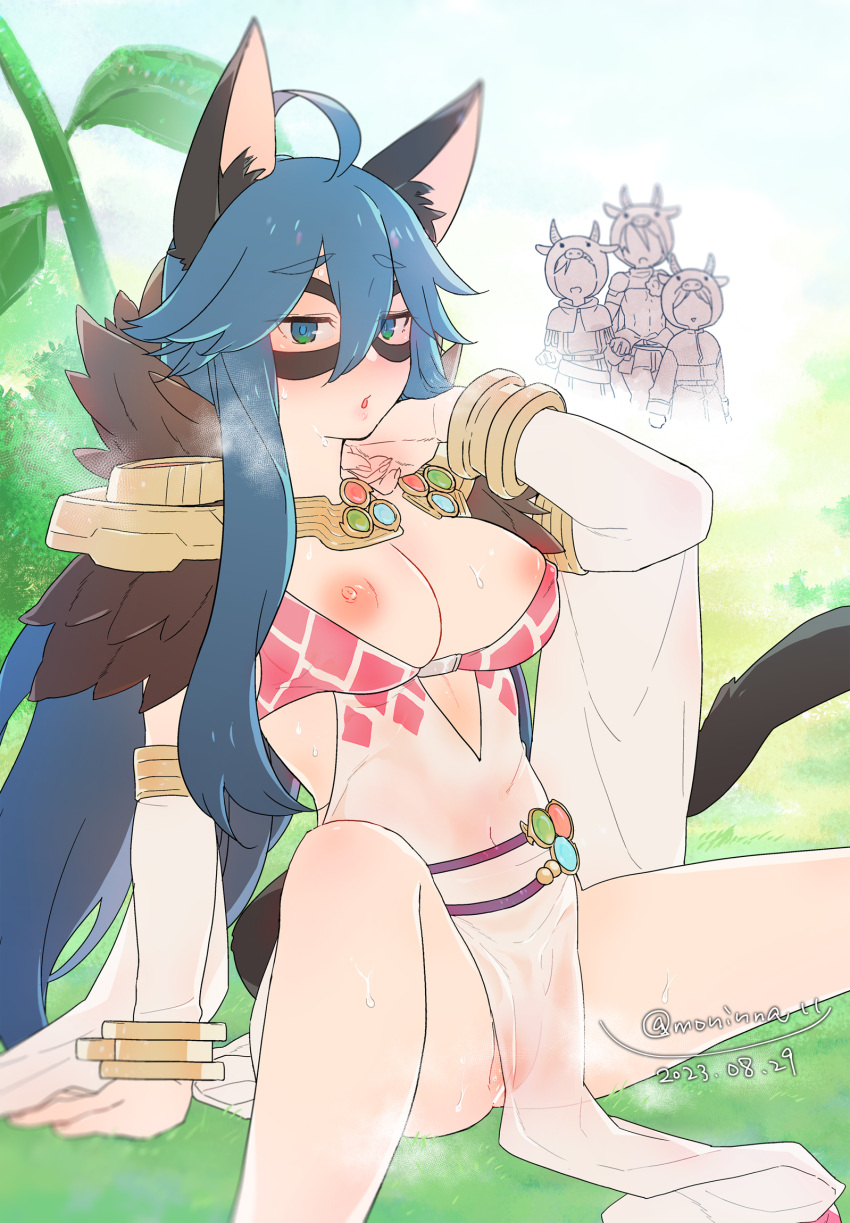 3boys acolyte_(ragnarok_online) ahoge animal_ears argyle argyle_dress blue_eyes blue_hair blush breasts bush cat_ears cat_girl cat_tail commentary_request commission covered_navel dated detached_sleeves dress eye_mask feet_out_of_frame female fur_collar goinkyo hair_between_eyes highres long_bangs long_hair looking_at_viewer mechanic_(ragnarok_online) medium_breasts moni multiple_boys nipple_slip nipples no_panties open_mouth outdoors pelvic_curtain pixiv_commission pussy pussy_peek ragnarok_online see-through see-through_dress signature sitting sleeveless sleeveless_dress solo_focus sorcerer_(ragnarok_online) steaming_body swordsman_(ragnarok_online) tail white_sleeves