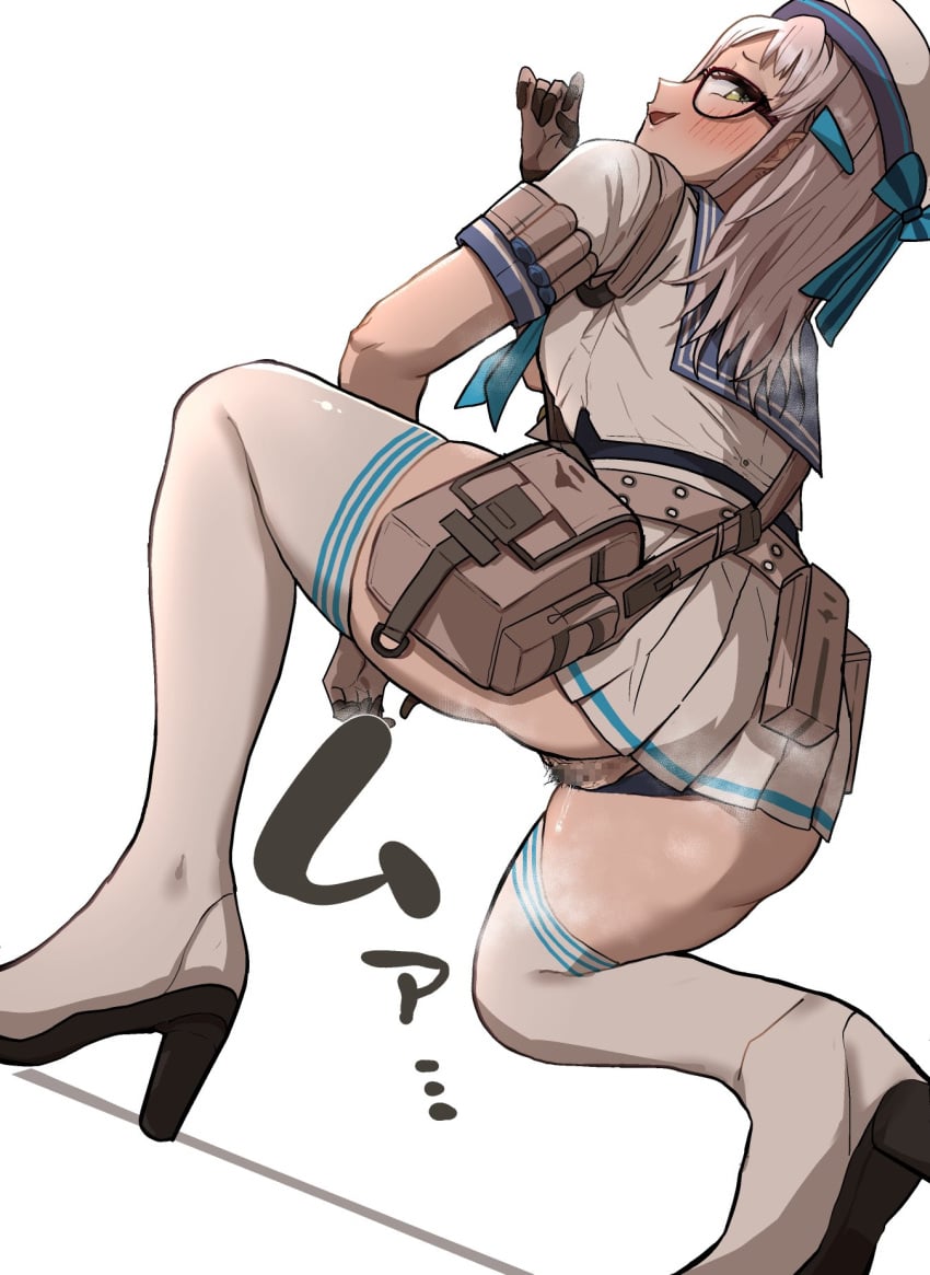 ass back blush boots bow censored female female_pubic_hair glasses gloves goddess_of_victory:_nikke hat hat_bow hat_ribbon highres miniskirt neon_(nikke) open_mouth panties_aside pleated_skirt pubic_hair pussy pussy_juice pussy_juice_drip ribbon sailor_collar short_sleeves skirt smile solo takeura thigh_boots white_background white_hair