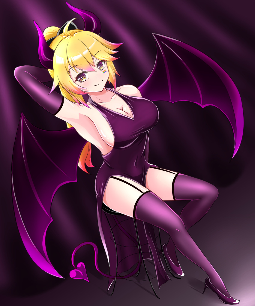 averysai blonde_hair demon_girl demon_horns demon_tail demon_wings dress female garter_straps gloves indie_virtual_youtuber succubus virtual_youtuber