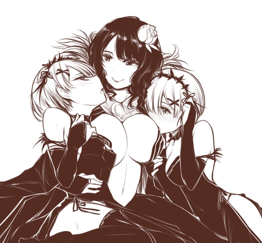 10s 2016 3girls adult adult_and_teenager age_difference akumaritoru arm_around_another's_shoulder black_dress black_hair breasts cleavage dress elsa_granhilte female fff_threesome greyscale hair_ornament hair_over_one_eye hand_on_another's_hip hi_res large_breasts long_hair mature mature_female medium_breasts monochrome multiple_girls navel older_female older_woman_and_teenage_girl pelvic_curtain ram_(re:zero) re:zero_kara_hajimeru_isekai_seikatsu rem_(re:zero) revealing_clothes shimaidon siblings sisters teenage_girl teenager threesome twins younger_female yuri yuriwhale