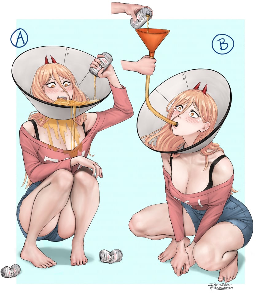 1girls beer big_ass big_breasts blonde_hair chainsaw_man cleavage cone_of_shame demon_girl dismaiden drinking female female_only mappa power_(chainsaw_man) squatting tagme thick_thighs wet