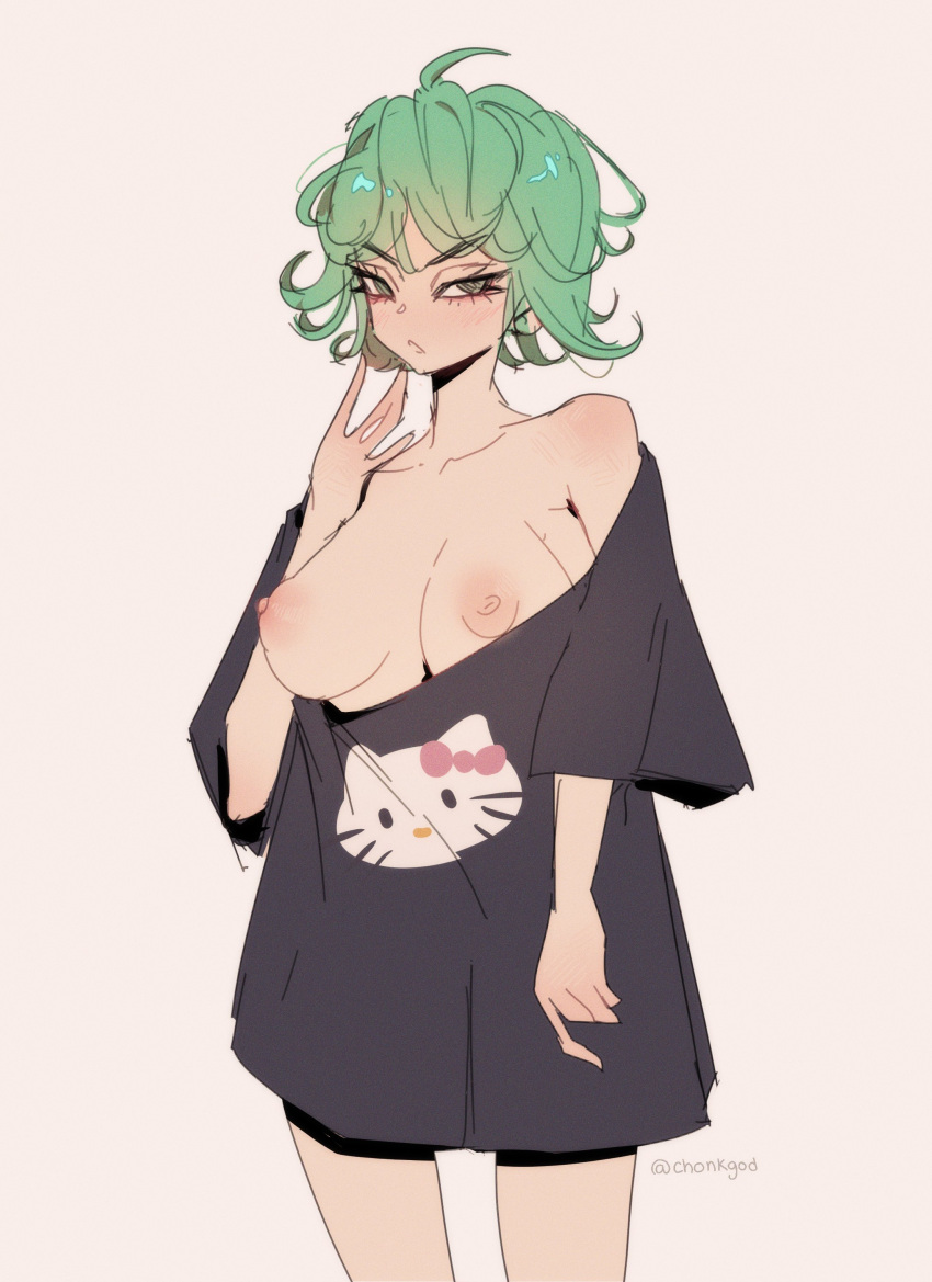 1girls areolae breasts breasts_out chonkgod female female_only green_eyes looking_at_viewer loose_clothes medium_hair nipples one-punch_man oversized_clothes simple_background solo t-shirt tatsumaki very_high_resolution