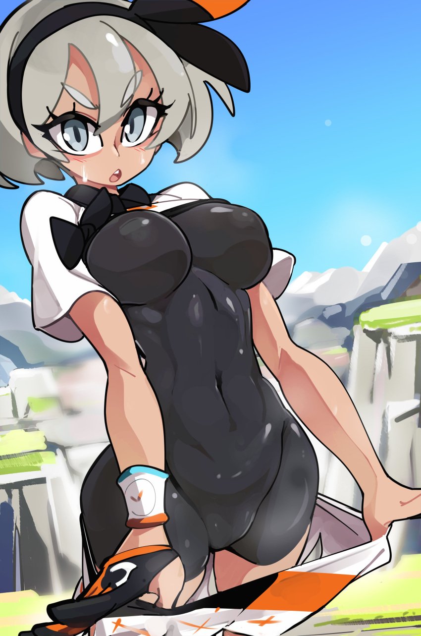 1girls absurd_res bea_(pokemon) big_breasts bodysuit bongfillstudent dark-skinned_female dark_skin female female_only grey_eyes hairband looking_at_viewer medium_hair nintendo outdoors pokemon pokemon_ss shorts_pull solo sportswear white_hair