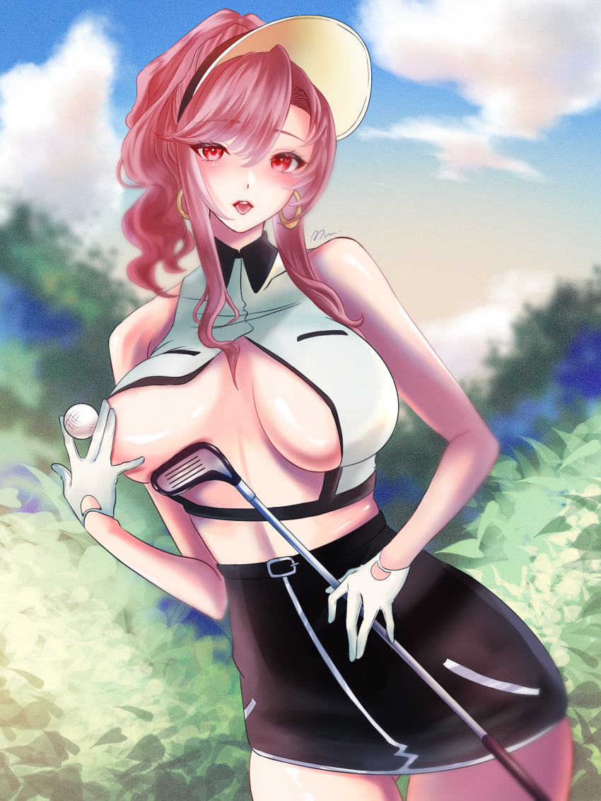 1girls alternate_costume azur_lane blush breasts cap clemenceau_(azur_lane) clemenceau_(splendid_breeze)_(azur_lane) clouds eyebrows_visible_through_hair female female_only gloves golf golf_ball golf_club golf_course huge_breasts inner_sideboob light-skinned_female light_brown_hair light_skin mu-san_(muusan_lv1) nose_blush official_alternate_costume outside red_eyes skirt sky solo vichya_dominion_(azur_lane) visor white_gloves