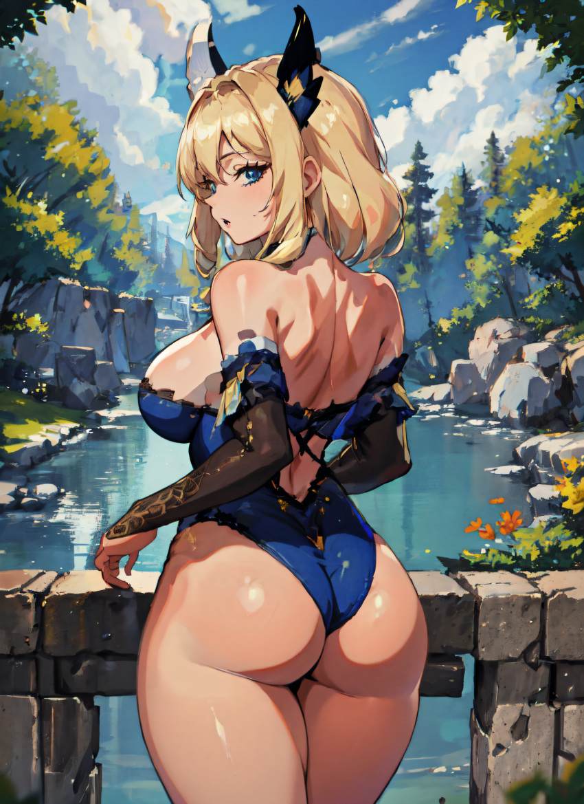 1girls ai_generated aqua_eyes ass_focus backless_outfit big_ass big_breasts blonde_hair blue_eyes from_behind genshin_impact hair_ornament hat hi_res huge_ass large_ass large_breasts leotard looking_back mabi_ai navia_(genshin_impact) sitting thick_thighs wide_hips witch_hat