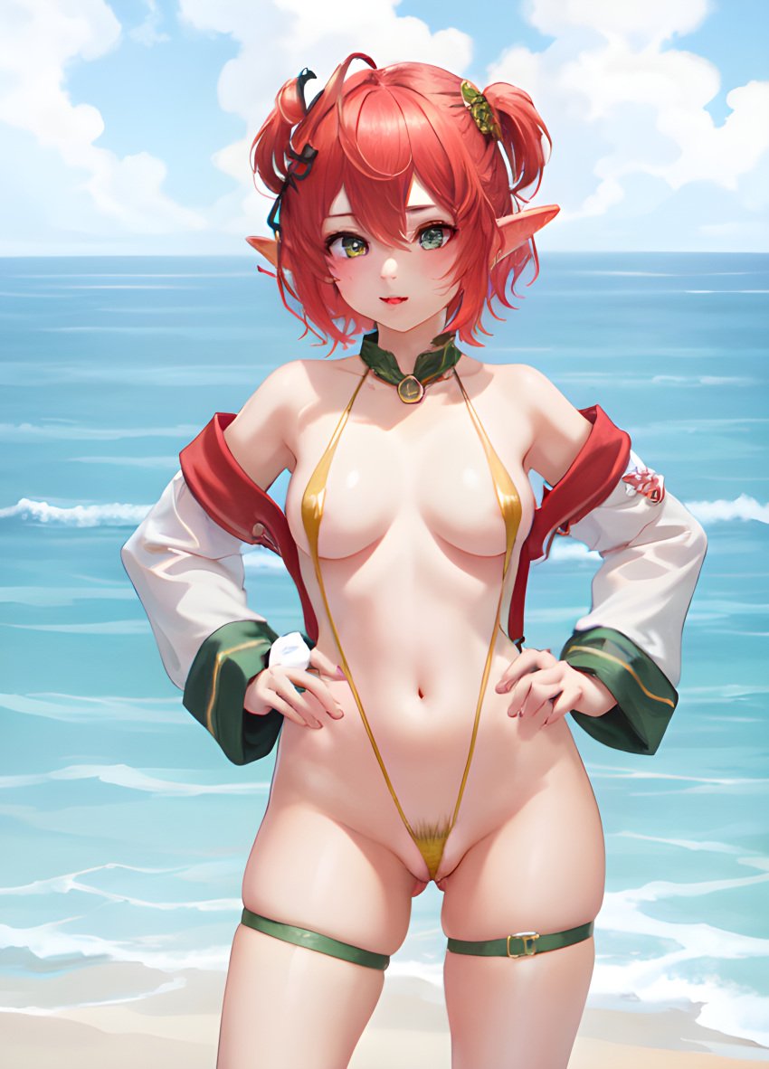 1girls ai_generated beach e-sekai elf_ears fuyo_cloverfield green_eyes idol-en idol_corp pale red_hair short_hair sling_bikini stable_diffusion thigh_strap virtual_youtuber vtuber