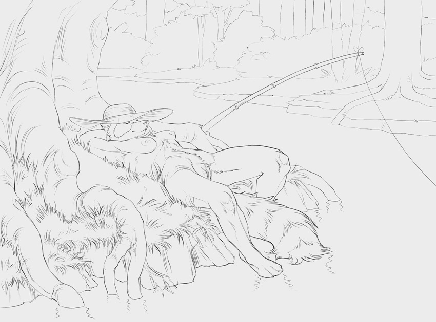 2023 anthro closed_eyes clothing feet_in_water female fishing_rod forest fur genitals grass hands_behind_head hat hat_only headgear headgear_only headwear headwear_only hibbary lying mammal mostly_nude nature nipples nude on_back on_grass on_ground outdoor_nudity outside plant procyonid pussy raccoon relaxing river smile solo tree water