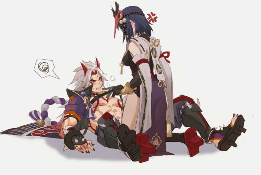 1boy 1girls abs angry arataki_itto bare_legs clenched_teeth female genshin_impact kujou_sara lying_on_back male male/female muscular muscular_male oni oni_horns pulling_clothing red_horns sexual_tension straight tattoo visible_breath white_hair