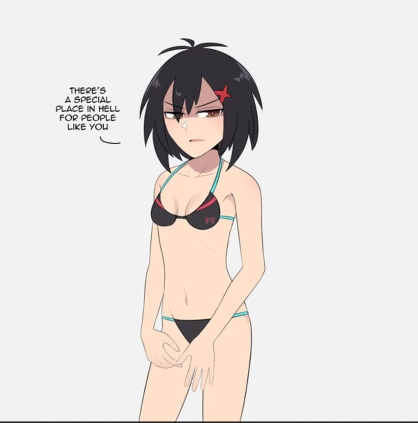 bikini black_hair blue_butterfly_(artist) embarrassed_underwear_female embarrassing_outfit female female_only girls_reacting_to_bikini_(meme) marvel peni_parker simple_background spider-man:_across_the_spider-verse spider-man:_into_the_spider-verse talking text trying_on_clothes