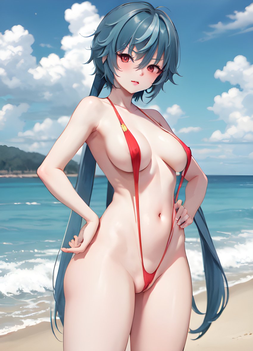 1girls ai_generated beach blue_hair e-sekai idol-en idol_corp pale red_eyes sling_bikini stable_diffusion virtual_youtuber vtuber yuko_yurei