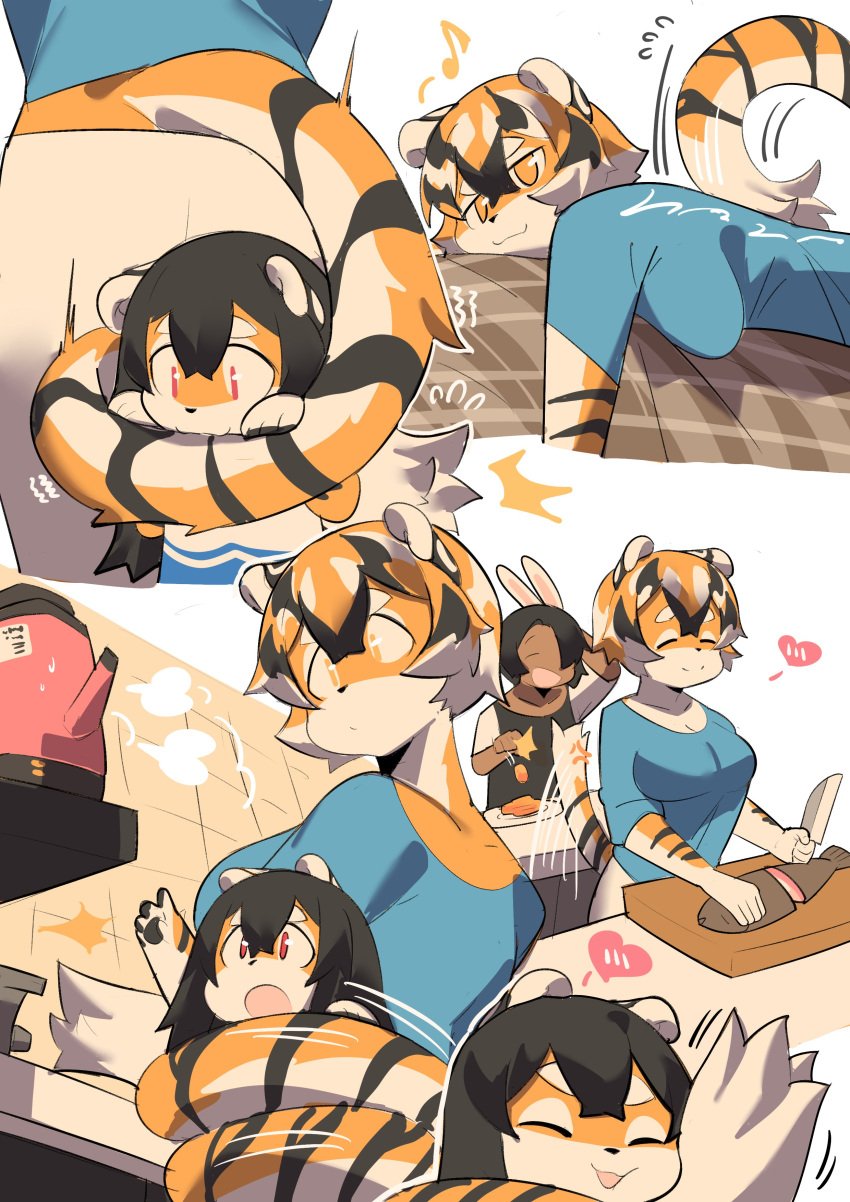 big_breasts black_hair breasts bunny_ears clothed female lagomorph mei_xiang mx99926 original rabbit_humanoid thick_thighs tiger tiger_ears tiger_girl tiger_stripes tiger_tail wholesome wide_hips