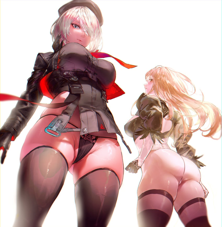 2girls ass ass_visible_through_thighs back beret black_gloves black_panties black_shirt blue_eyes brown_hair cosplay costume_switch crossover crossover_cosplay female female_focus female_only fully_clothed gloves goddess_of_victory:_nikke hair_over_one_eye hi_res kuroi_suna leotard long_hair looking_at_viewer low-angle_view medium_breasts military military_uniform necktie nier:_automata outfit_swap panties rapi_(nikke) rapi_(nikke)_(cosplay) red_eyes revealing_clothes short_hair simple_background skimpy_clothes string_panties thighhighs thighs two-tone_gloves underwear voice_actor_connection white_background white_hair white_leotard yorha_2b yorha_2b_(cosplay)