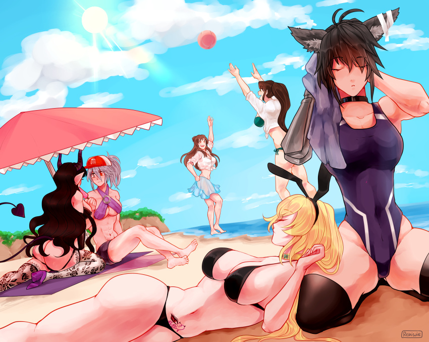 6girls animal_ears bandages baseball_cap black_hair blonde_hair blue_eyes brown_hair character_request clouds drpuppers drying_hair geone green_eyes head_on_lap heterochromia kagan_luxuriosa outside reikiwie robot_arm succubus_horns succubus_tail sun swimsuit thigh-highs umbrella vrchat white_hair wolf_ears wolf_girl