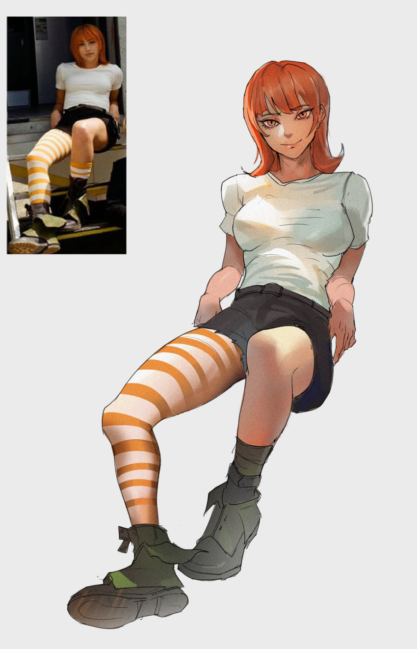 emily_rudd female female_only large_breasts nami nearo2501 netflix one_piece one_piece_(live_action) pre-timeskip redraw sitting striped_legwear white_shirt