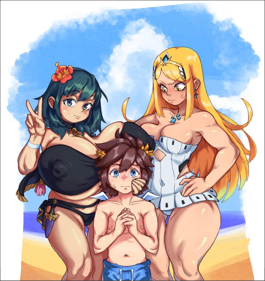 1boy 2girls alternate_costume anger_vein beach big_breasts bikini black_bikini black_swimsuit breasts byleth_(female)_(summer)_(fire_emblem) byleth_(fire_emblem) byleth_(fire_emblem)_(female) enlarged_breasts fire_emblem fire_emblem:_three_houses fire_emblem_heroes gigantic_breasts hibiscus mythra nintendo official_alternate_costume one-piece_swimsuit pit_(kid_icarus) snacks_(artist) source_request super_smash_bros. swimsuit v xenoblade_chronicles_2