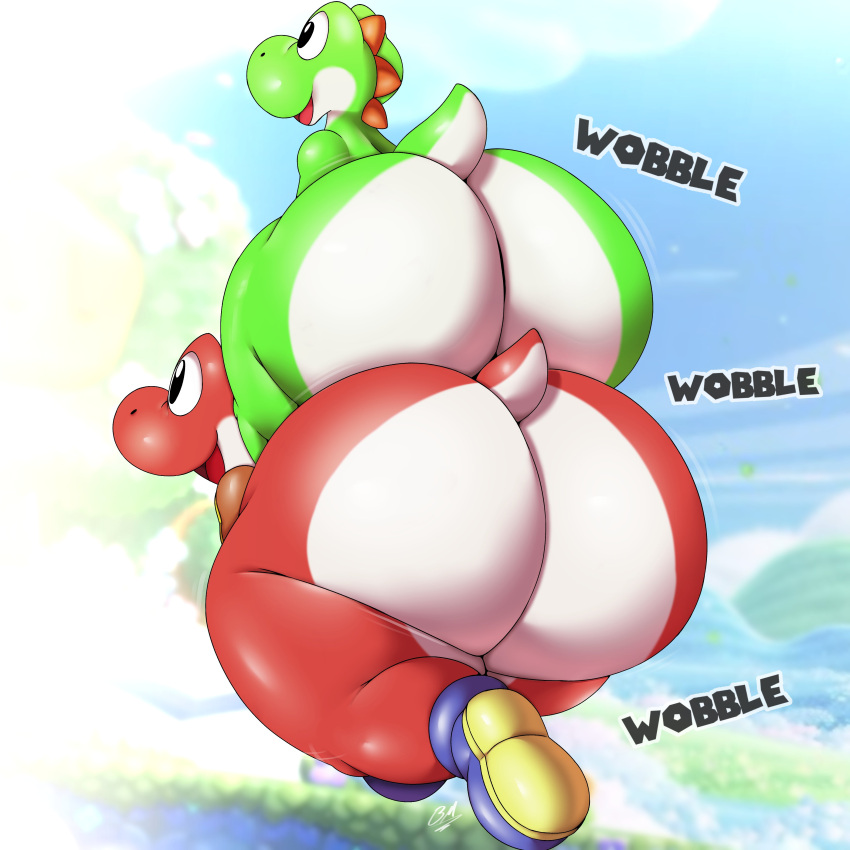 1:1 absurd_res ambiguous_gender ass ass_focus big_ass big_butt black_eyes bottom_heavy dammabems dinosaur duo fat_ass green_body green_yoshi hi_res huge_ass huge_butt mario_(series) nintendo nude open_mouth open_smile rear_view red_body red_yoshi riding scalie shoes short_tail smile super_mario_bros._wonder tail tatoeandbems thick_ass thick_thighs two_tone_body white_body wide_hips wobbling_ass yoshi