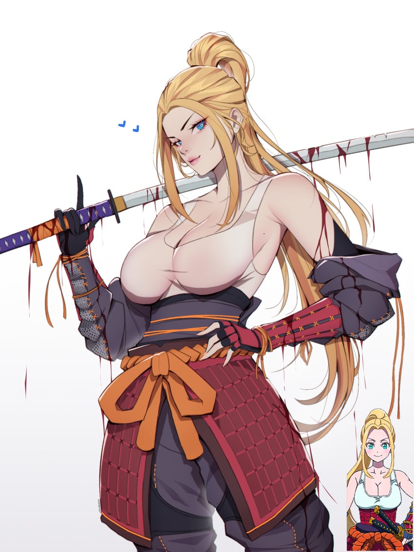 beatrix_amerhauser big_breasts blonde_hair blood_on_sword blood_stain blue_eyes female_only german_female katana liya_nikorov looking_at_viewer only_female ponytail samurai_armor smiling solo solo_female solo_focus tank_top white_background zom_100_zombie_ni_naru_made_ni_shitai_100_no_koto