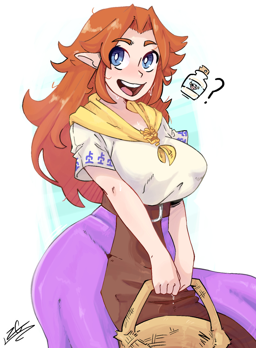 big_breasts blue_eyes breasts brown_hair female highres huge_breasts large_breasts long_hair looking_at_viewer malon nintendo ocarina_of_time open_mouth own_hands_together pointy_ears smile solo the_legend_of_zelda thick_thighs tongue wide_hips zero_gld