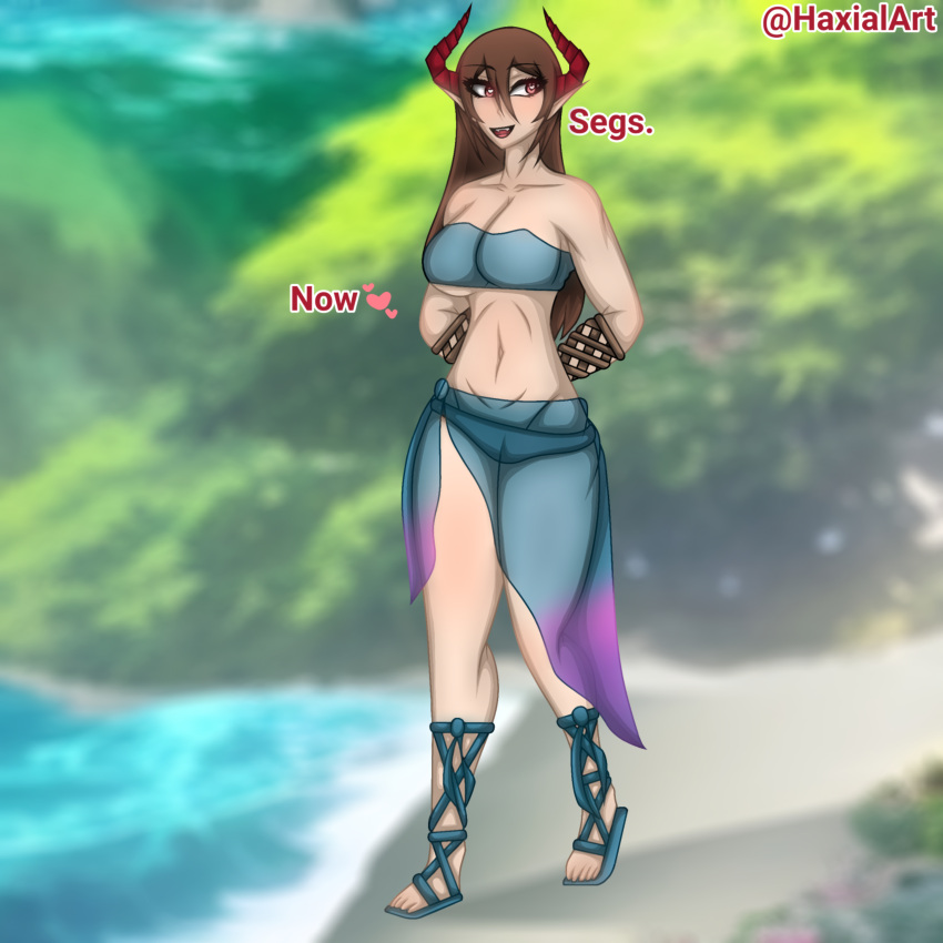 bikini brown_hair demon_girl demon_horns demoness grand_summoners haxial horns horny juno_(grand_summoners) red_eyes summer