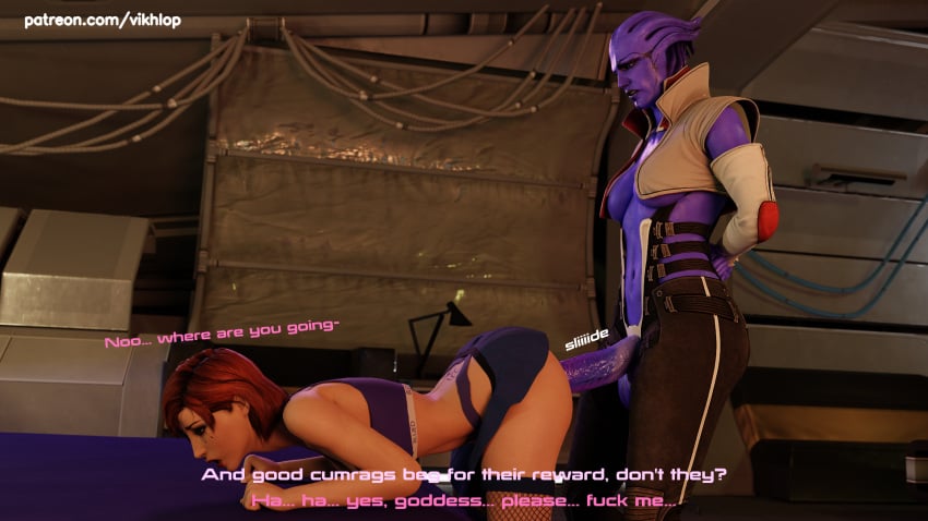 3d alien aria_t'loak asari asari_futanari blender blowjob blue_skin blued comic comic_page commander_shepard deepthroat distension female femshep futa_on_female futanari hands-free human interspecies mass_effect skirt tattoo tramp_stamp vikhlop