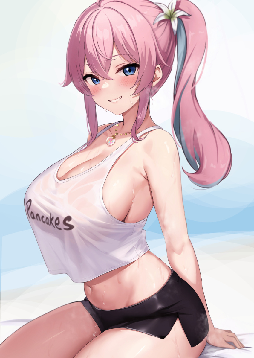 arm_support blue_eyes blue_hair blush crop_top flower_in_hair from_side huge_breasts mochimooncurry multicolored_hair necklace pink_hair ponytail short_shorts sitting smile sweaty sweaty_body sweaty_clothes text thick_thighs wide_hips