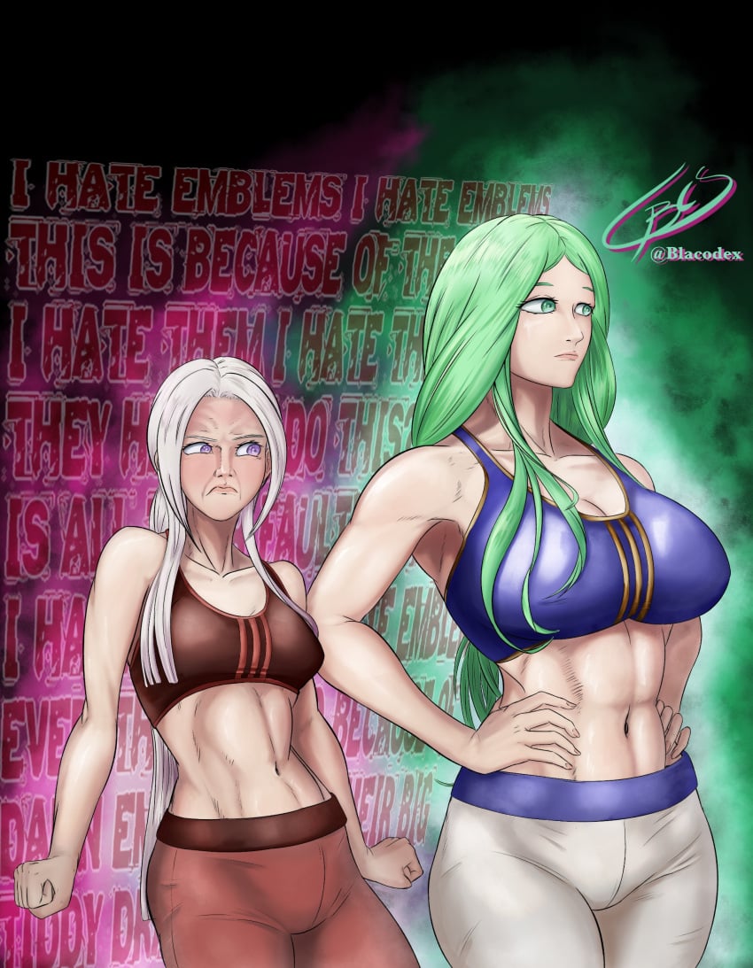 2girls angry angry_face artist_name blazing_codex breast_envy breast_size_difference cleavage edelgard_von_hresvelg english_text female female_only fire_emblem fire_emblem:_three_houses green_eyes green_hair highres large_breasts light-skinned_female light_skin long_hair medium_breasts medium_support_(meme) muscular muscular_female navel nintendo rhea_(fire_emblem) sports_bra sportswear text watermark