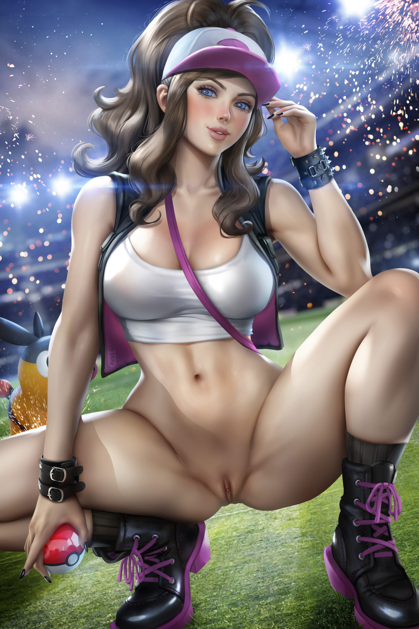 ayyasap blue_eyes bottomless brown_hair cap clitoris hilda_(pokemon) legs_apart legs_spread looking_at_viewer pokeball pokemon pokemon_bw pubic_hair pussy pussy_lips spread_legs tank_top tepig vagina