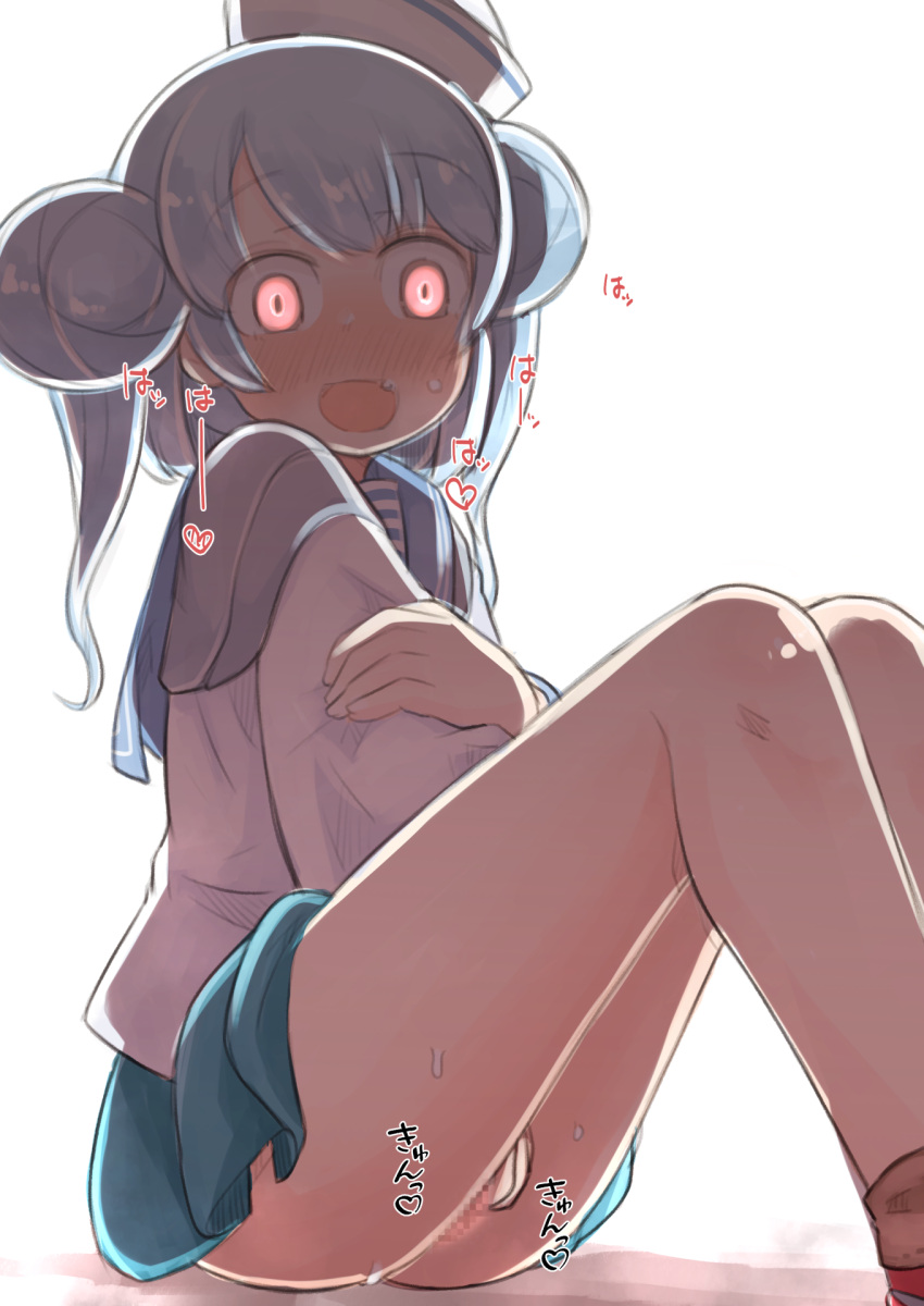 aqua_skirt blue_hair blue_sailor_collar blush censored clothed_masturbation commission constricted_pupils dixie_cup_hat double_bun enjaku_izuku female female_masturbation female_only glowing glowing_eyes hair_bun hat highres kantai_collection knees_up long_sleeves masturbation medium_hair military_hat miniskirt mosaic_censoring no_panties oerba_yun_fang open_mouth pleated_skirt sailor_collar samuel_b._roberts_(kantai_collection) school_uniform serafuku shirt sitting skirt solo solo_female white_headwear white_shirt