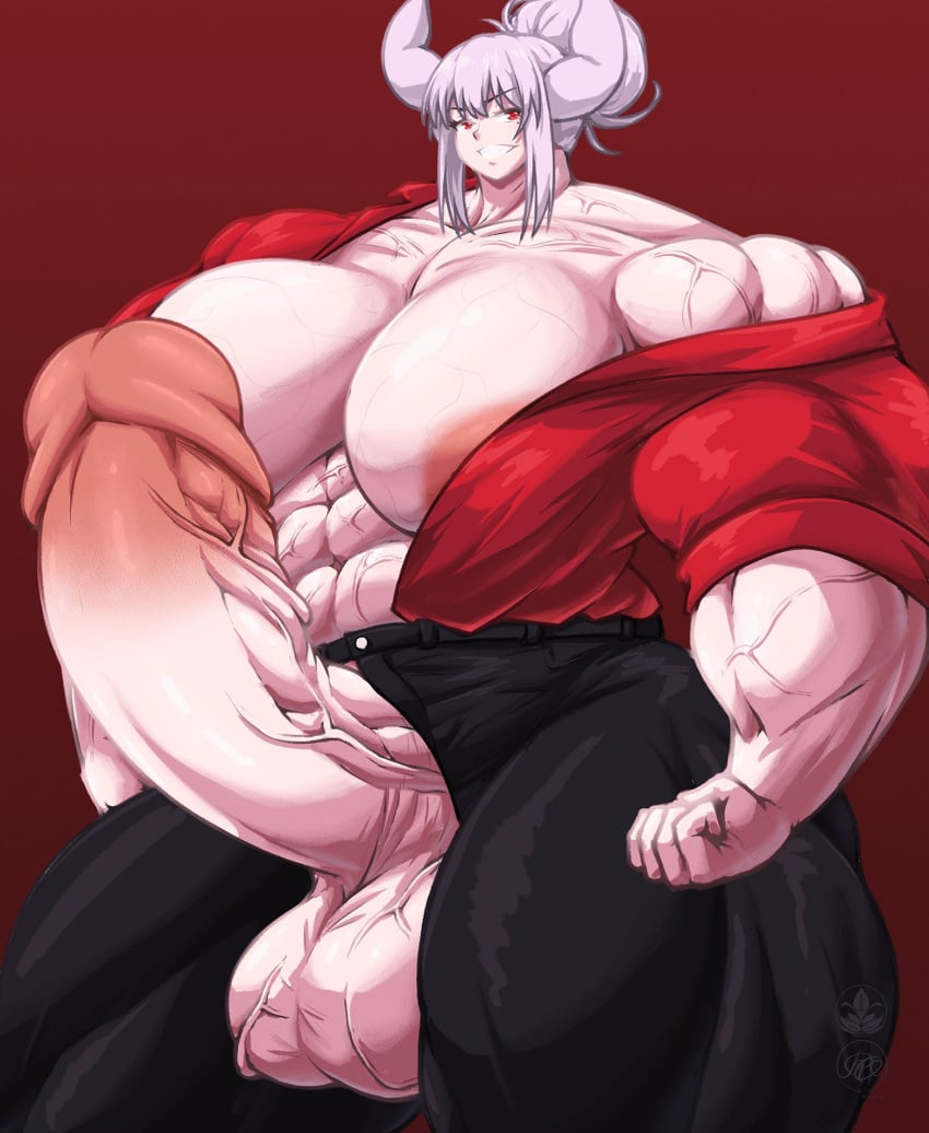 1futa abs balls breasts cleavage clothed clothing erection futa_only futanari helltaker huge_cock humanoid humanoid_penis hyper_muscles light-skinned_futanari light_skin lucifer_(helltaker) mostly_clothed muscular muscular_futanari nipple_slip penis roneesan solo standing veiny_muscles