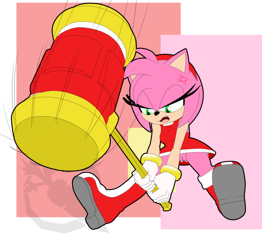 2022 absurd_res amy_rose annoyed anthro boots breasts clothed clothing cross-popping_vein dress eulipotyphlan female footwear fur genitals gloves green_eyes hair handwear hedgehog hi_res mammal no_underwear ogthecarrot open_mouth piko_piko_hammer pink_body pink_fur pink_hair pussy sega shoes solo sonic_(series) sonic_the_hedgehog_(series) upskirt