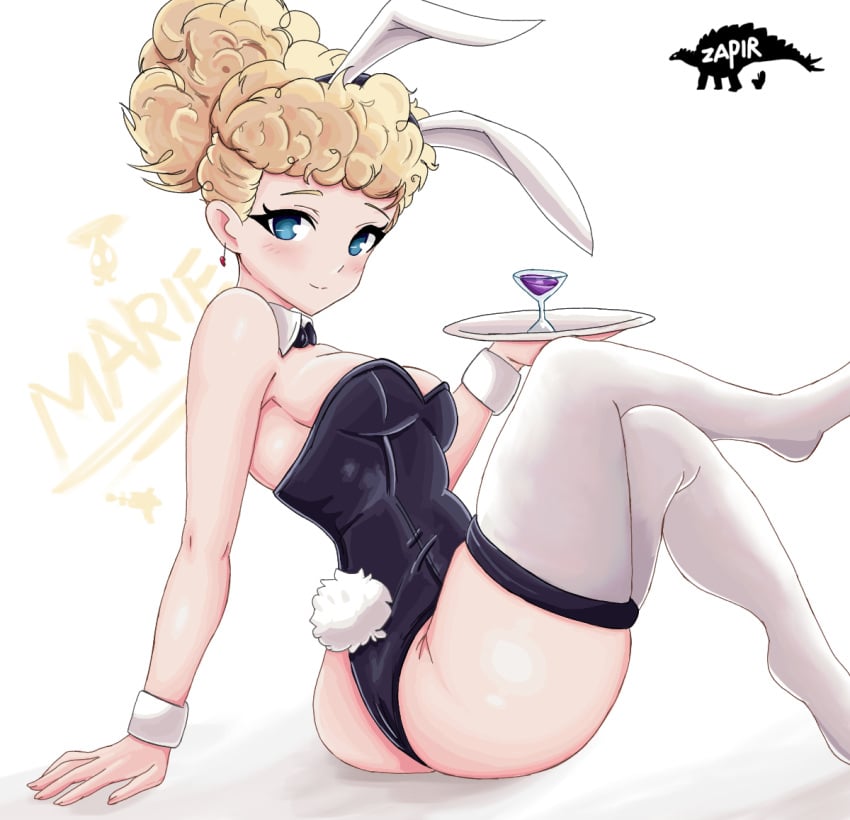 artist_logo artist_name blonde_hair blue_eyes bunny_ears bunny_tail earrings holding_object marie_(oxygen_not_included) oxygen_not_included self-upload short_hair stockings white_background zapirstehozawra2006